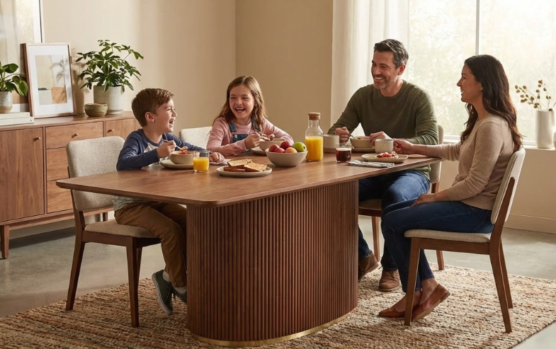Contemporary modern dining table in rich wood finish with distinctive fluted pedestal base, shown with a happy family enjoying breakfast in a cozy, light-filled dining area.