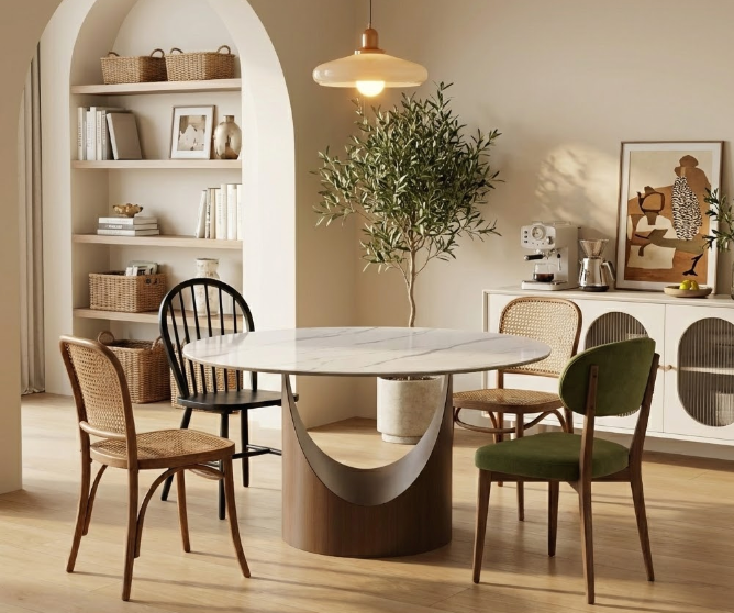 Elegant modern dining table featuring white marble round top and curved bronze pedestal base in a bright, arched minimalist dining space with rattan and black chairs.