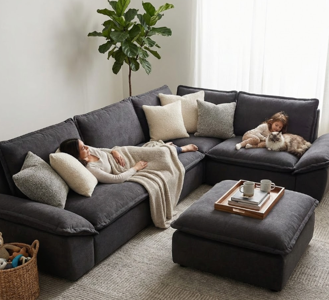 Mother and young child lounging on a plush deep sofa sectional in dark gray fabric, cozy blanket, cat cuddling, and large indoor plant creating a serene family relaxation space.