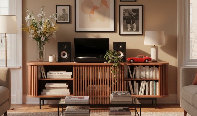 Stylish modern living room with a curved light wood TV stand displaying books, a red toy car model, turntable, speakers, and plants on open shelves, highlighting versatile wood materials in the TV stand materials guide.