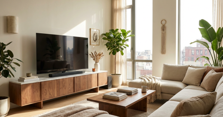 Modern Minimalist Living Room with Wooden TV Stand and Beige Sectional Sofa
