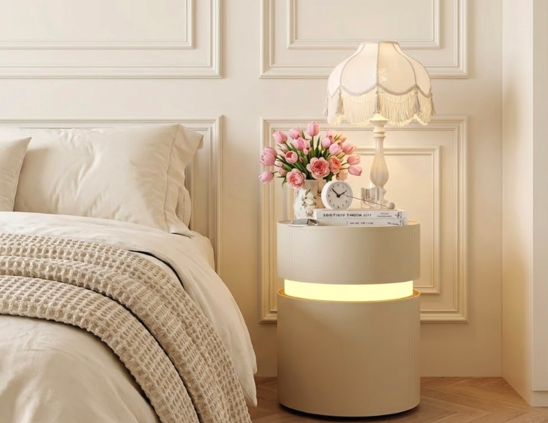 Contemporary round beige nightstand featuring a fringed lamp, tulips, clock, and books next to a cream bed, showcasing modern design ideas and proper height matching tips from a nightstand buying guide.
