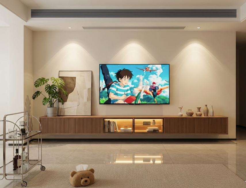 Beautiful modern tv stand in neutral living room displaying Studio Ghibli anime flying scene on TV, walnut cabinet with decor, bar cart, potted plant, teddy bear, and soft ambient lighting.