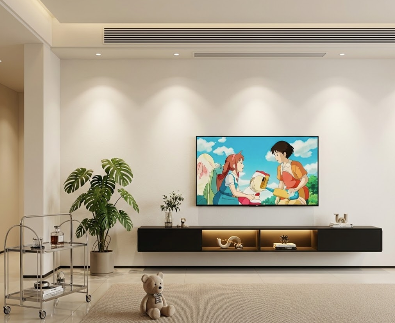 Cozy modern tv stand setup featuring Studio Ghibli anime scene on large TV, minimalist black cabinet, green plant, teddy bear, and warm wall lighting in contemporary living room interior.