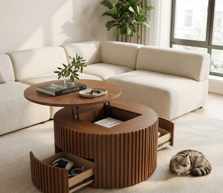 A cozy living room scene featuring a round coffee table with storage, showing the lift-top function next to a sleeping cat.