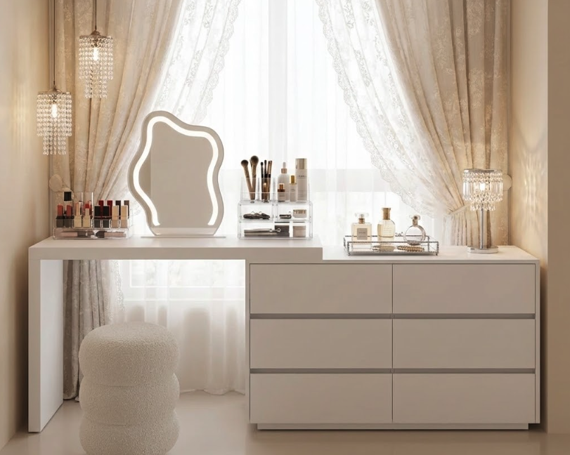 Elegant modern white makeup vanity with ample storage drawers, irregular shaped LED-lit mirror, organized cosmetics, perfumes, and plush stool by window – featured in makeup vanity buying guide for stylish organization options.