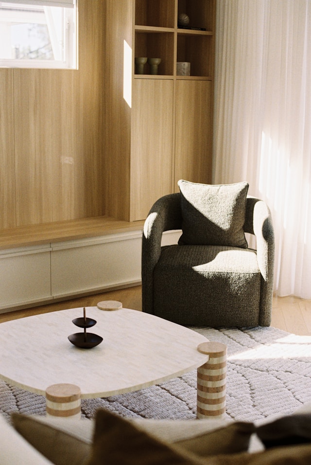 Modern living room with armchair and coffee table