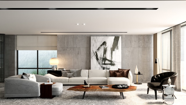 Modern living room with sectional sofa and artwork