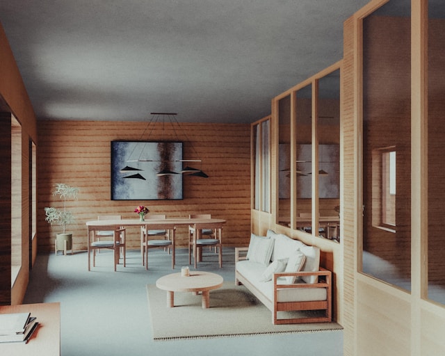 Modern living room with wooden accents and natural light