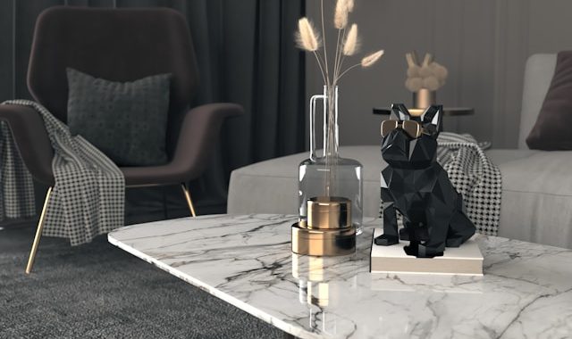 Modern marble coffee table in a bright living room