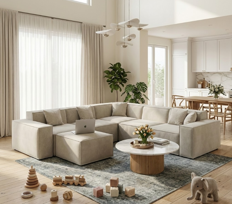 Modular sectional sofa in an open-plan living room, shown in L-shape with a chaise, toys on the floor and a laptop on the ottoman