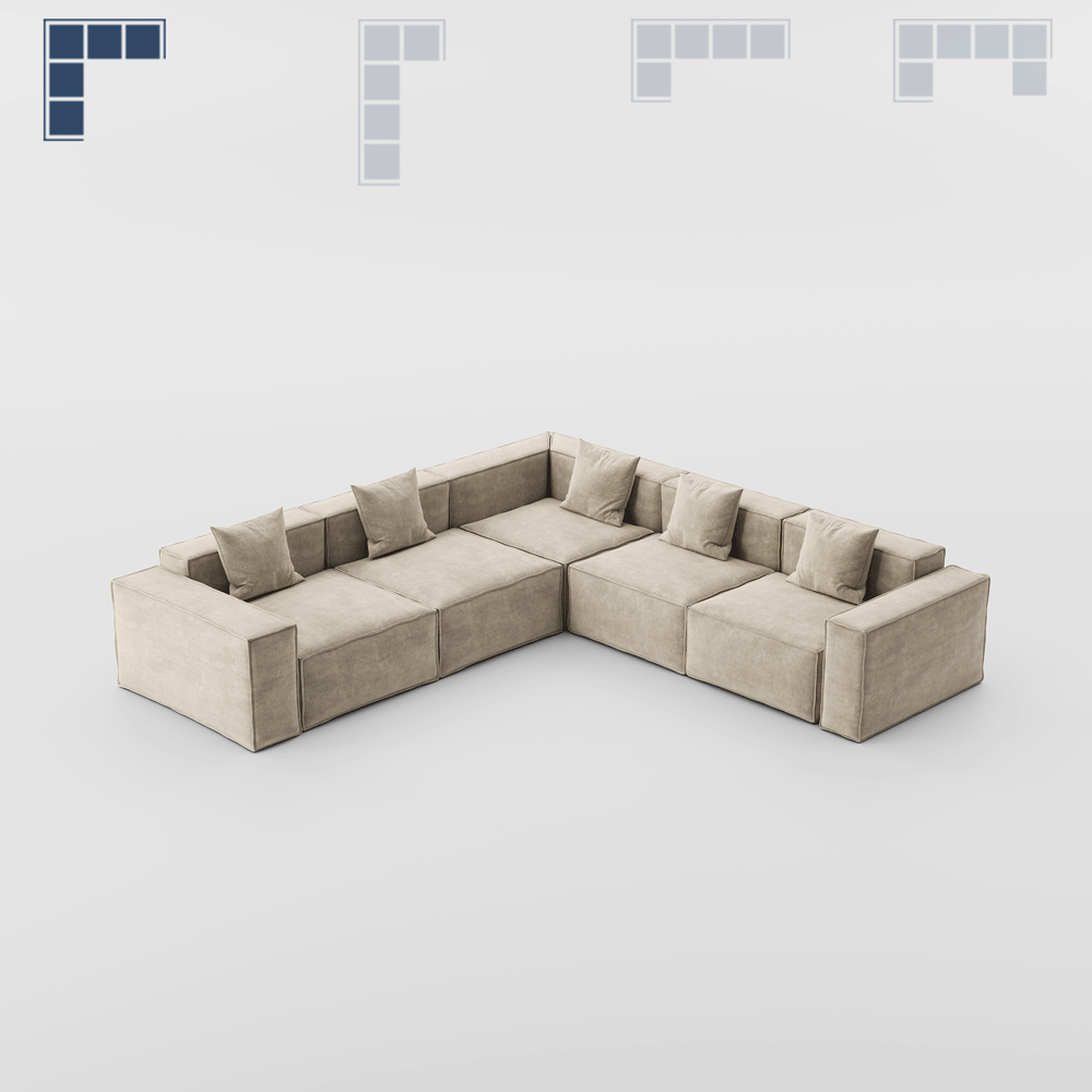 Modular sectional sofa reconfigured into multiple layouts