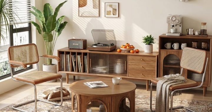 Warm living room featuring round coffee table with storage, fluted wood design, rattan chairs, pets relaxing, vinyl records and orange accents