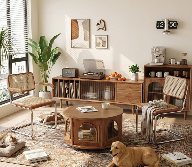 Warm living room featuring round coffee table with storage, fluted wood design, rattan chairs, pets relaxing, vinyl records and orange accents