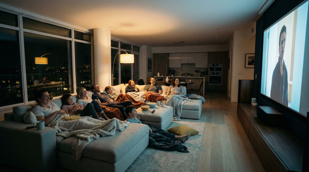 Open-concept living room with a large U-shaped modular sofa, multiple people relaxing, and a spacious, comfortable family layout
