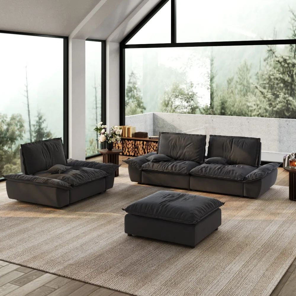 POVISON Modern Sleeper Gray Sofa Set with Ottoman