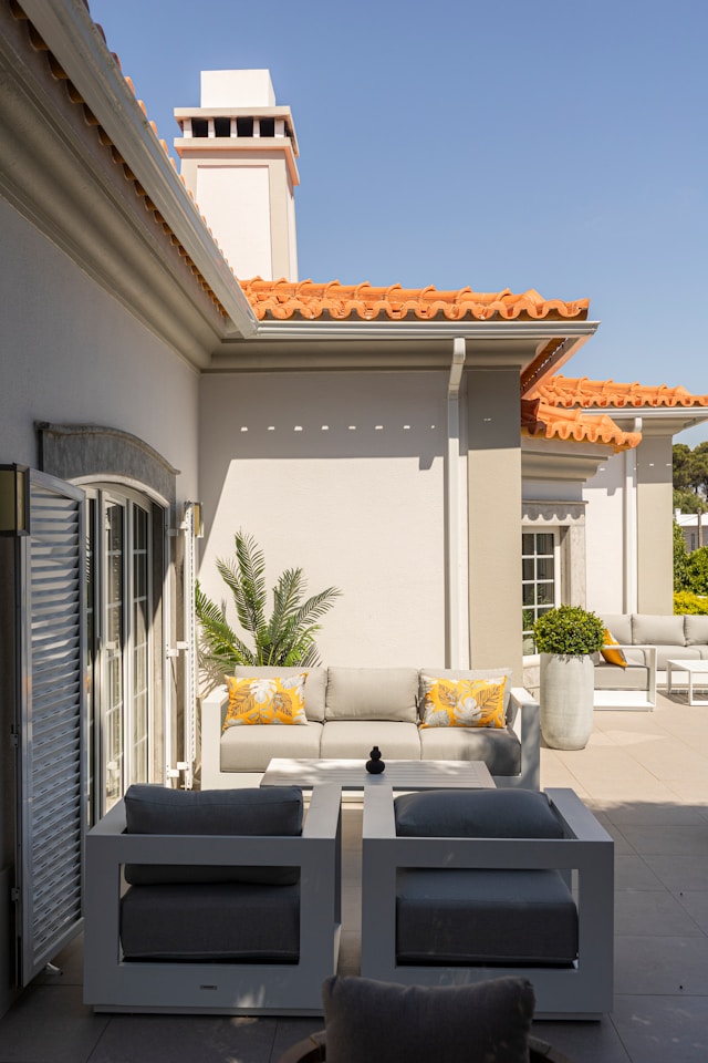 Patio furniture on a sunny terrace