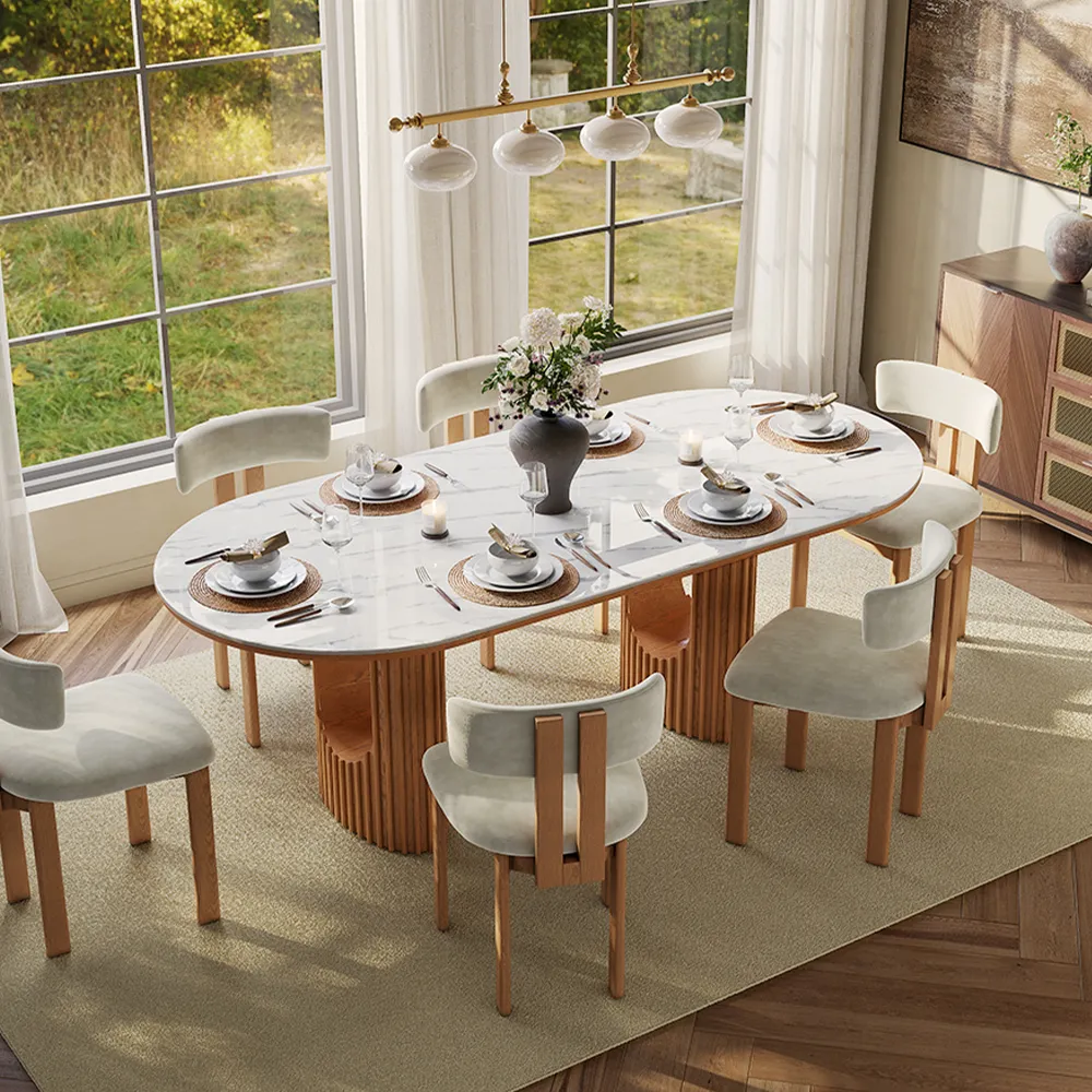 Povison Mid-Century Modern Oval Japandi Dining Table Set for 6