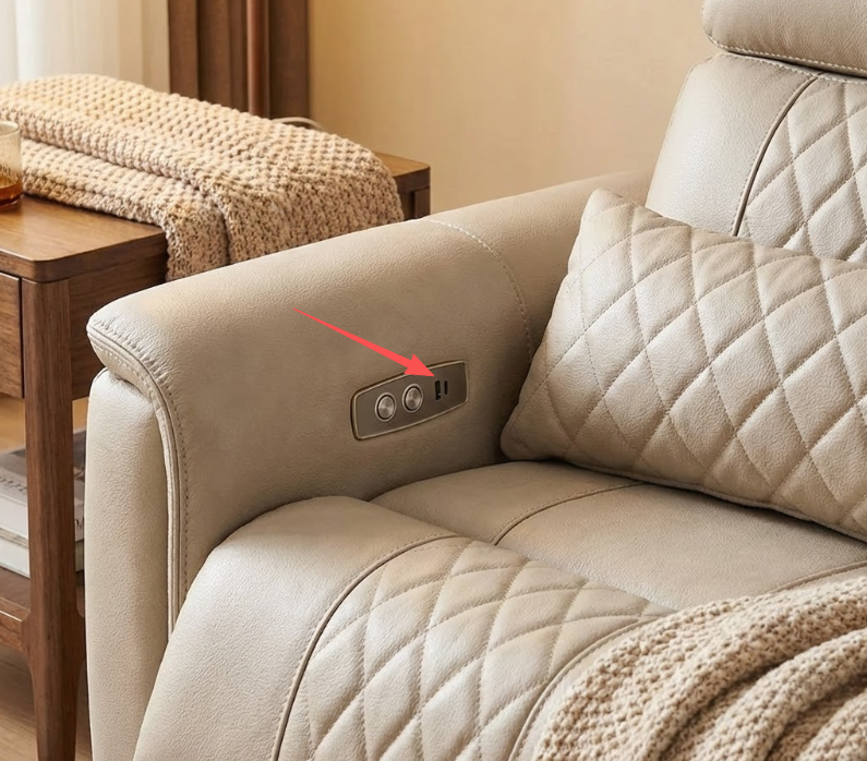 Close-up of luxurious beige reclining sofa armrest controls featuring power buttons, USB port, and electrical outlet for convenient charging in modern living room furniture.