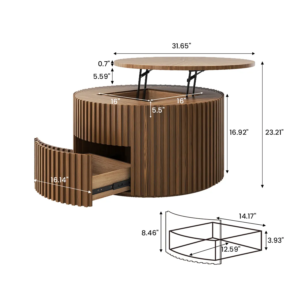 Technical dimension diagram of a coffee table with storage, displaying measurements for the lift-top height and drawer size.