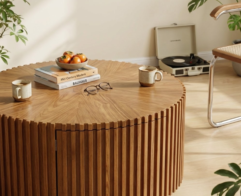 Stylish round coffee table with storage featuring fluted oak base, topped with books, persimmons bowl, coffee mug and mid-century decor in cozy living room