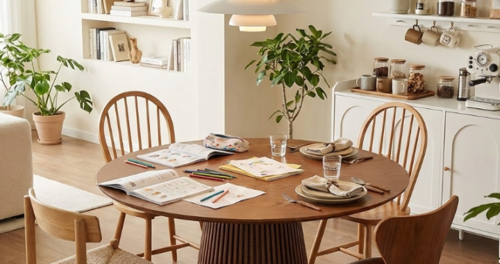 Stylish modern dining table with warm round wooden top and tall fluted wood pedestal base, surrounded by woven chairs in a serene, plant-filled minimalist interior workspace.