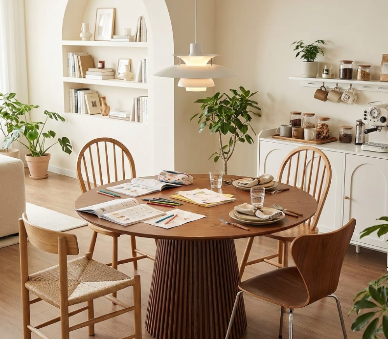 Stylish modern dining table with warm round wooden top and tall fluted wood pedestal base, surrounded by woven chairs in a serene, plant-filled minimalist interior workspace.