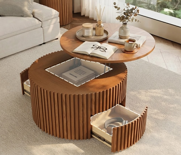 A round wooden coffee table with storage featuring an elevated lift-top and an open side drawer revealing hidden compartments.