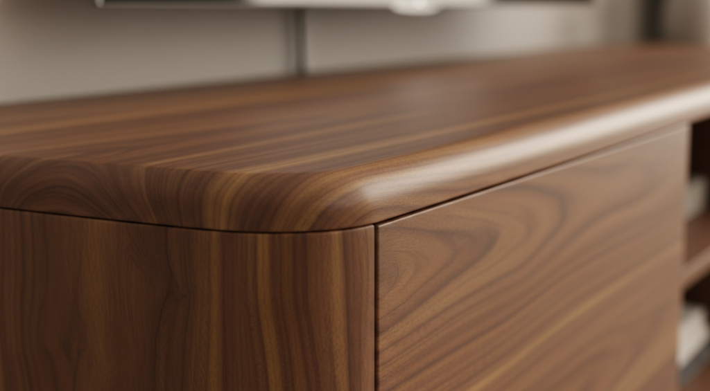 Rounded corner detail for family-safe TV stand