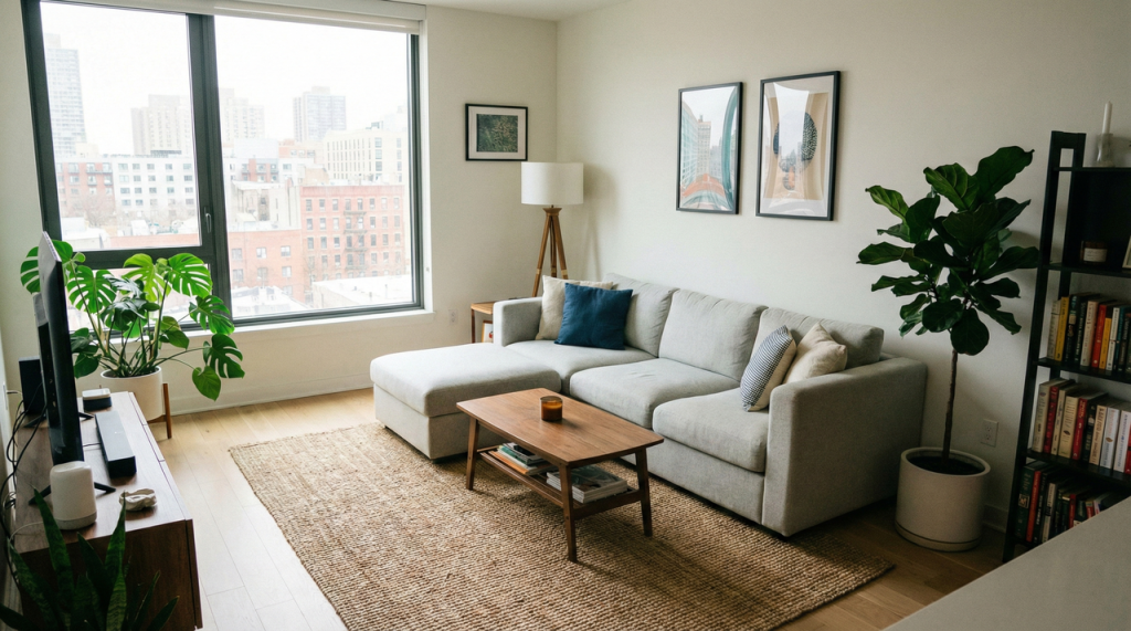 Small apartment living room with a compact modular sofa and chaise, clear walkways, natural light, and a cozy everyday layout