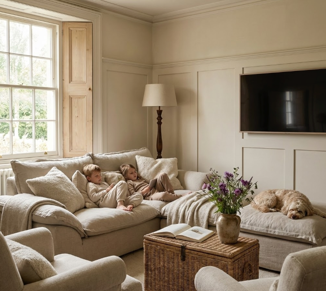 Kids and golden retriever cozied up on a large deep sofa sectional in a bright family room with fireplace, TV playing cartoons, blankets, and bookshelves for relaxed home living.