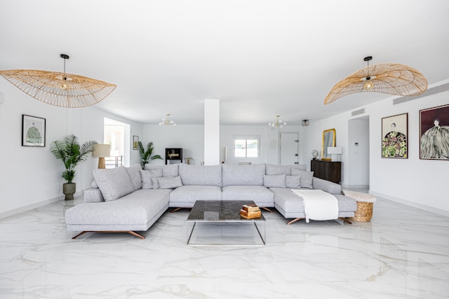 Spacious modern living room with large white sectional
