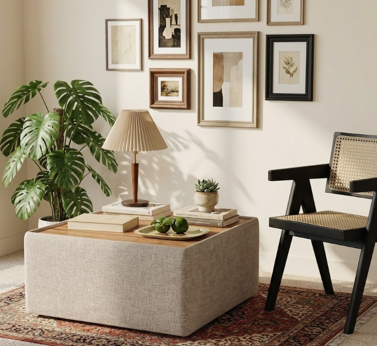 A modern square coffee table with storage featuring light grey fabric upholstery and a natural wood top in a bright room.