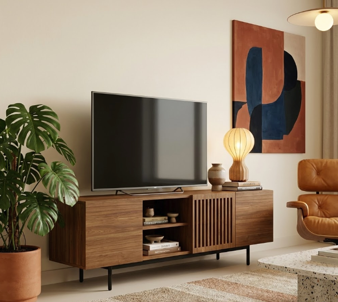 Styled mid century modern TV stand with simple decor