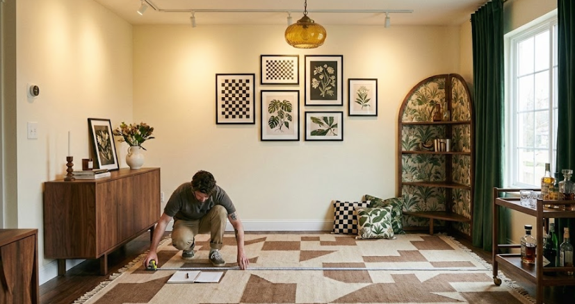 Man installing brown geometric checkered rug in cozy living room with beige reclining sofa area, framed botanical and chess artwork on wall, and green patterned curtains.