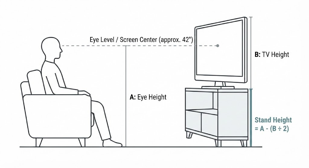 Illustrative diagram from the tv stand height guide showing ideal stand height calculation where eye height aligns with TV screen center (approx. 42") for ergonomic viewing.