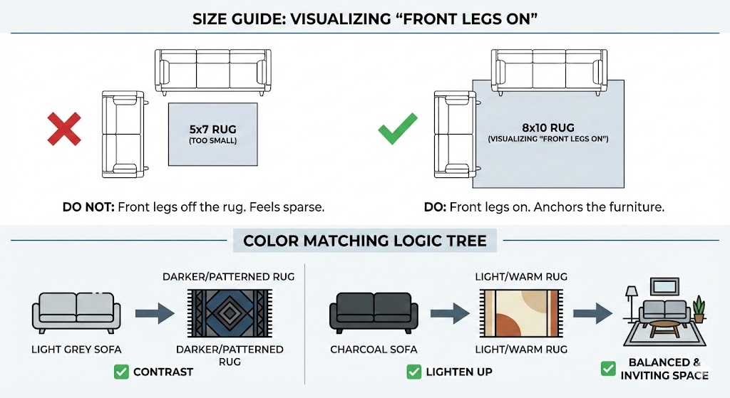 Infographic on how to style grey sofa showing proper rug sizing and color pairing logic for light and dark grey couches.