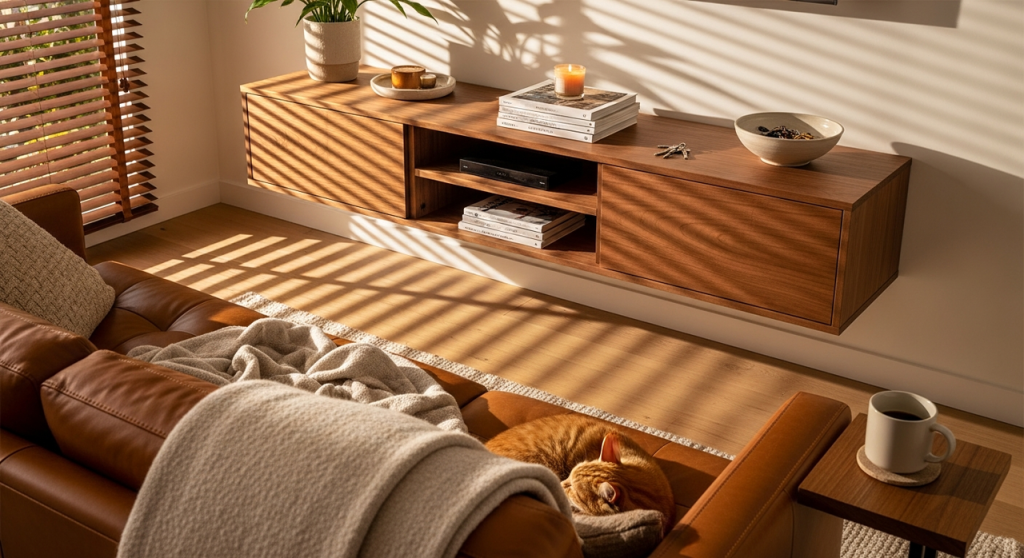 Modern wall-mounted floating wooden TV stand at perfect eye-level height in sunny living room with leather sofa and cat, exemplifying the tv stand height guide for optimal viewing ergonomics.