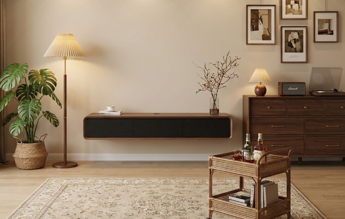 Premium walnut floating tv stand with black fabric doors in elegant living room, rattan trolley, plants and warm ambient lighting