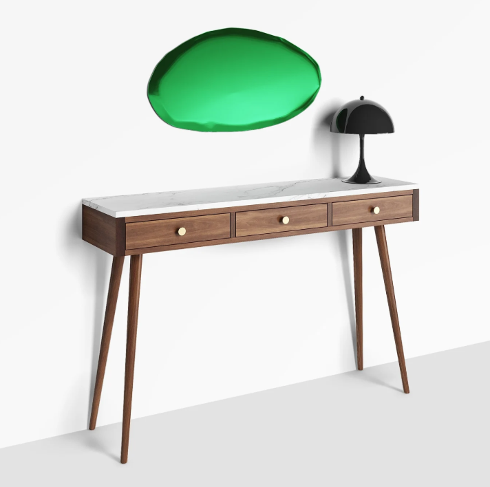 Walnut console table with marble top, three drawers, four legs, entryway table, mid century modern, dressing table, solid walnut, hallway