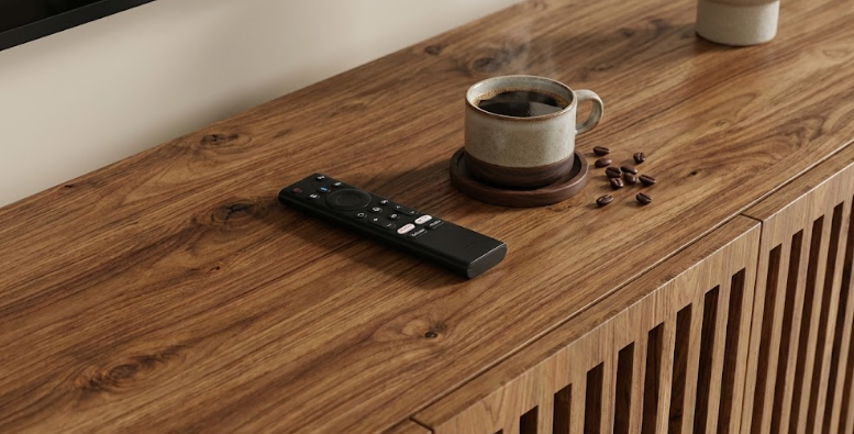 Walnut mid century modern TV stand top showing natural wood grain