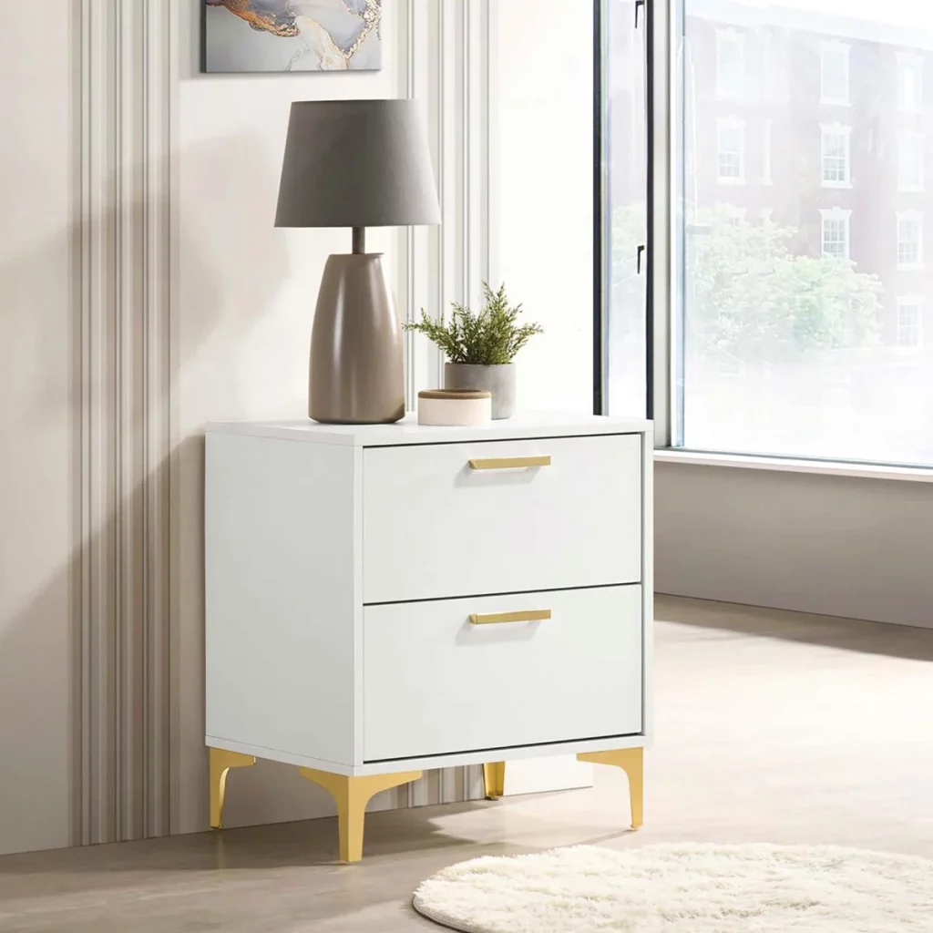 White And Gold 2-Drawer Rectangular Nightstand