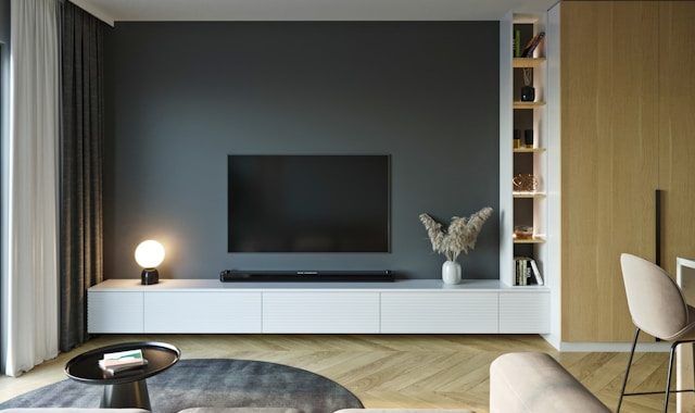 a white long tv stand