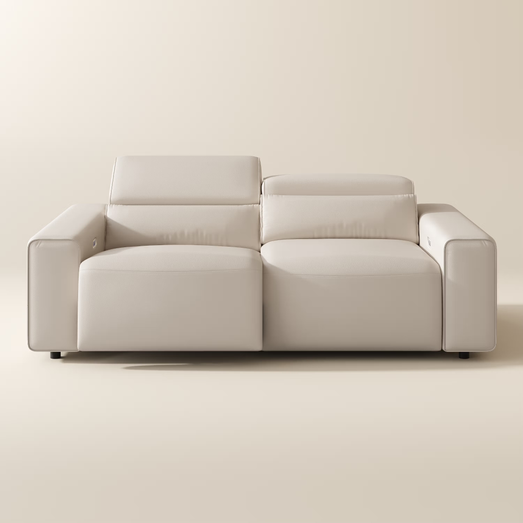 Cream power reclining loveseat with wide track arms, adjustable headrests, and deep cushioned seats on a neutral background.