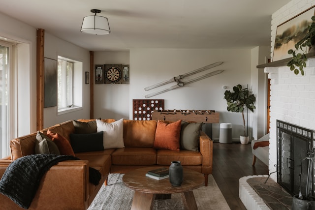 A cozy living room with a brown sectional sofa