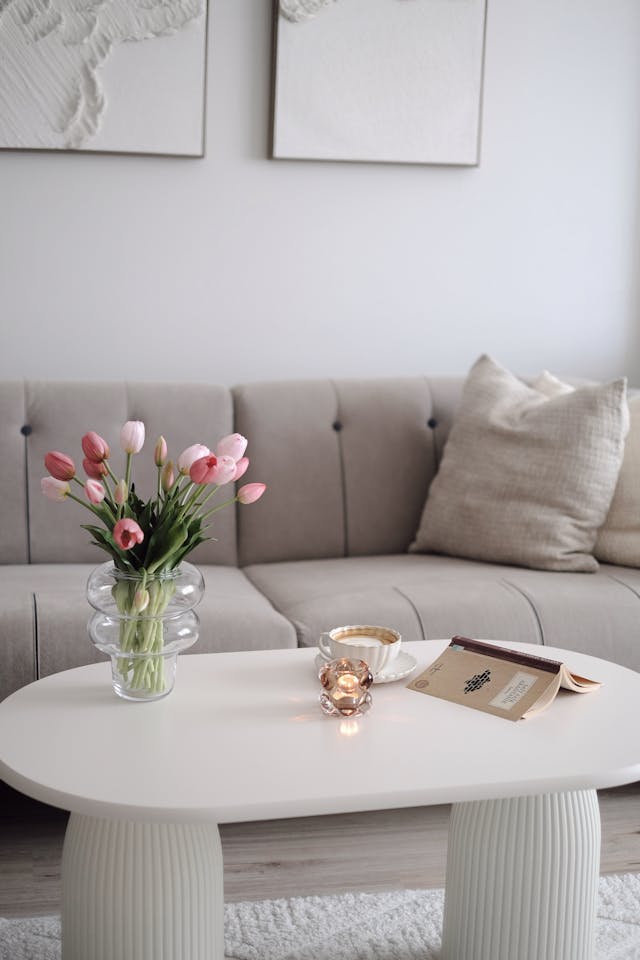 Cozy Living Room with Tulips and Coffee Table
