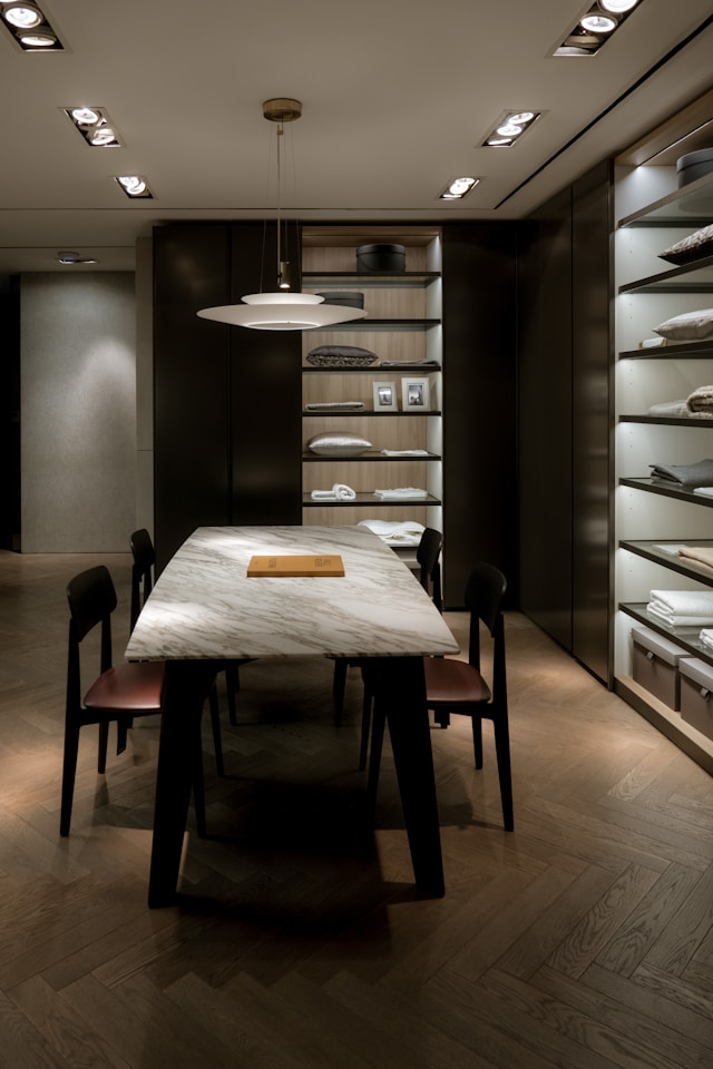 Marble dining table in a bright contemporary dining room