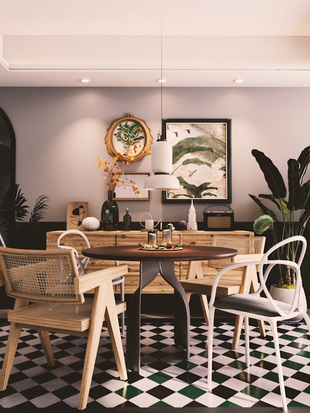 Modern dining area with wooden table and chairs – great for hero image