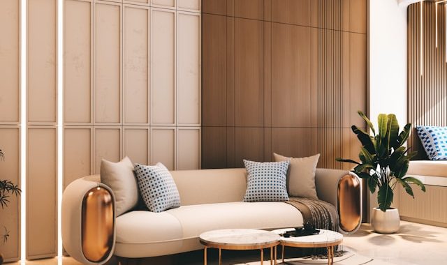 Modern living room with a cream sofa and coffee tables