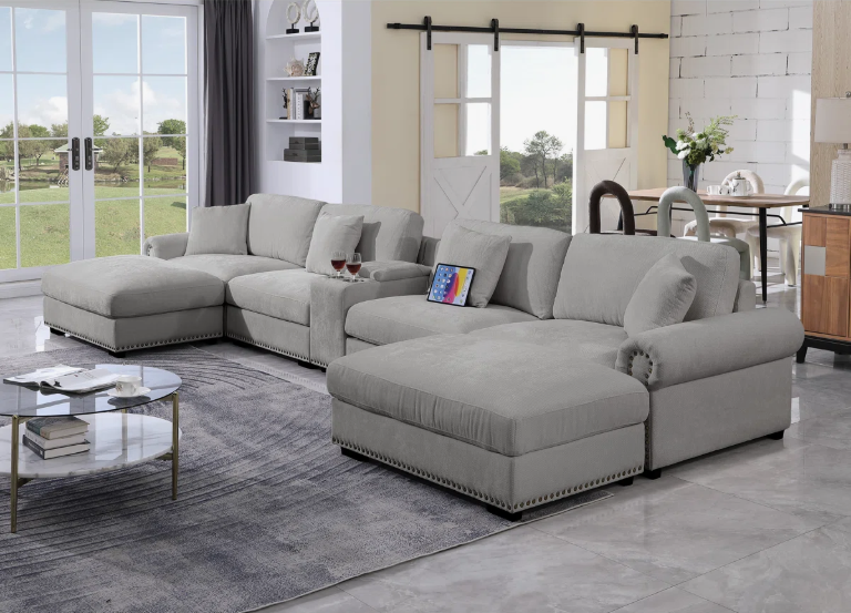 Oversized U Shaped Chenille Cloud Couch With 2 Ottomans & Cup Holder & USB